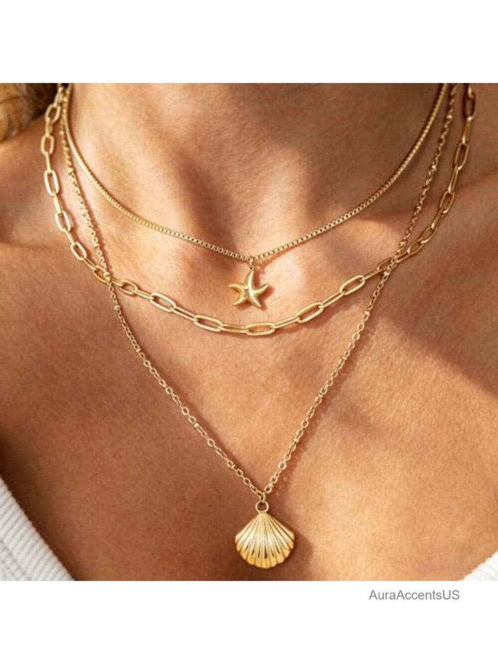 14k Gold Plated Starfish & Seashell Layered Necklace Set, Adjustable Chain, Non - Picture 3 of 6